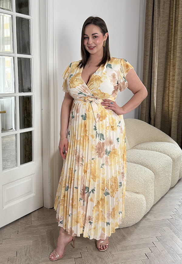 BELLA SUKIENKA MAXI PLUS SIZE  PLISOWANA W DUŻE KWIATY. BIAŁO/ŻÓŁTA 05 image 4