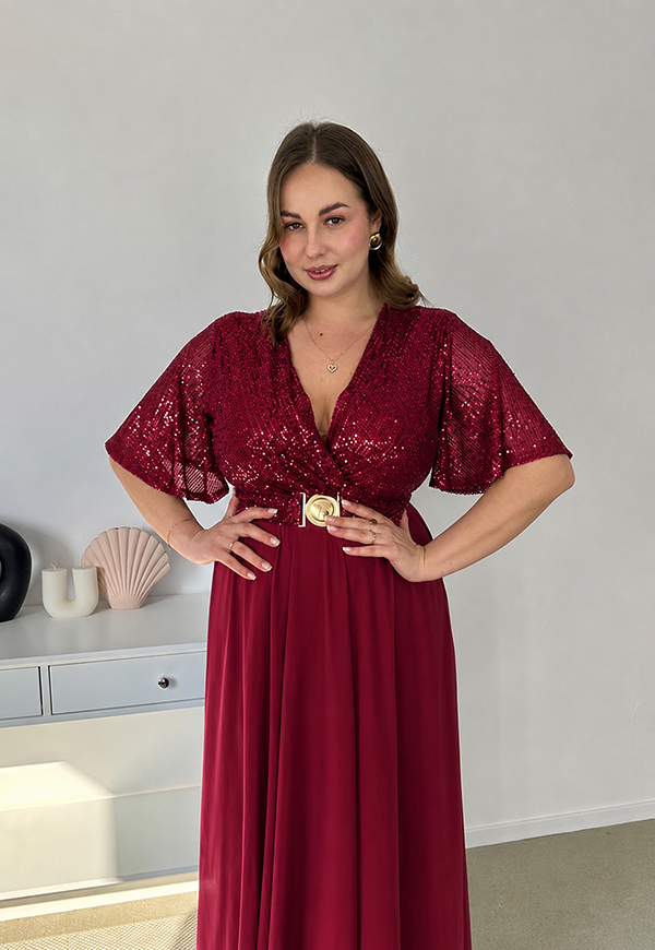 GRACY MAXI SUKIENKA DŁUGA PLUS SIZE Z SZYFONOWYM DOŁEM I CEKINAMI. BORDOWA 11 image 2