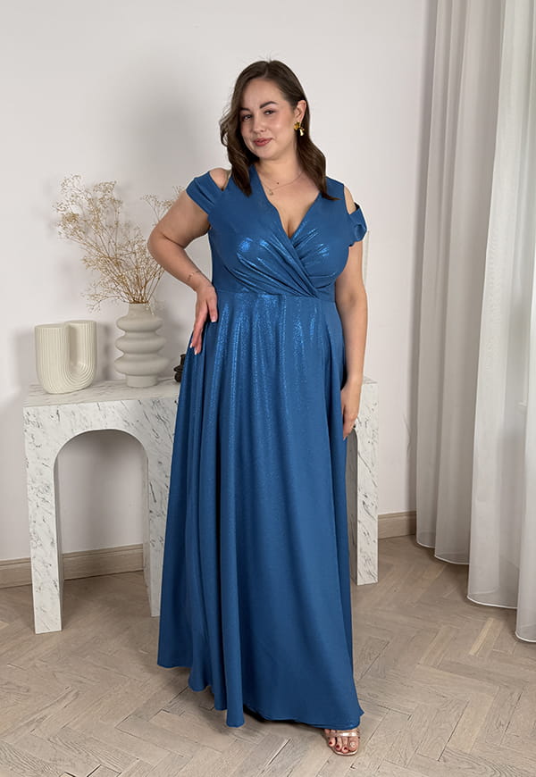 GAJA MAXI SUKIENKA DŁUGA Z OZDOBNYMI RAMIĄCZKAMI PLUS SIZE BŁYSZCZĄCA. TURKUSOWA 04 image 2