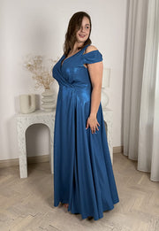 GAJA MAXI SUKIENKA DŁUGA Z OZDOBNYMI RAMIĄCZKAMI PLUS SIZE BŁYSZCZĄCA. TURKUSOWA 04 image 5