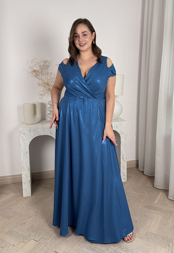 GAJA MAXI SUKIENKA DŁUGA Z OZDOBNYMI RAMIĄCZKAMI PLUS SIZE BŁYSZCZĄCA. TURKUSOWA 04 image 3