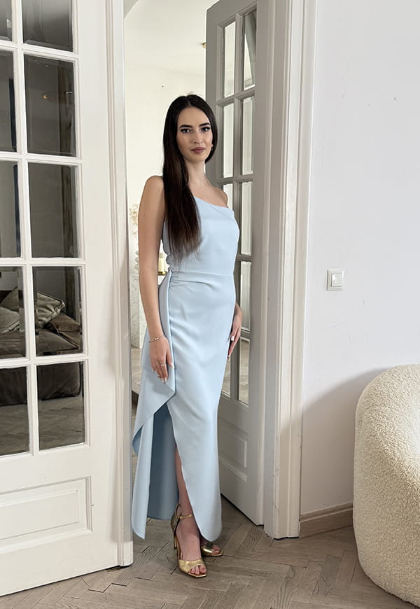 JENNY DŁUGA SUKIENKA  MAXI NA JEDNO RAMIĘ Z FALBANĄ. BŁĘKITNA 05 image 6
