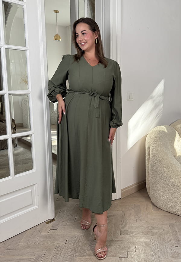 OLGA DŁUGI RĘKAW  SUKIENKA PLUS SIZE ROZKLOSZOWANA Z PASKIEM. OLIWKOWA 03