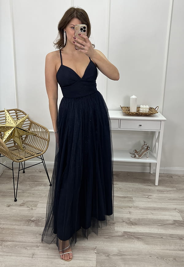 PRINCESS MAXI SUKIENKA TIULOWA Z BROKATEM. GRANATOWA 01