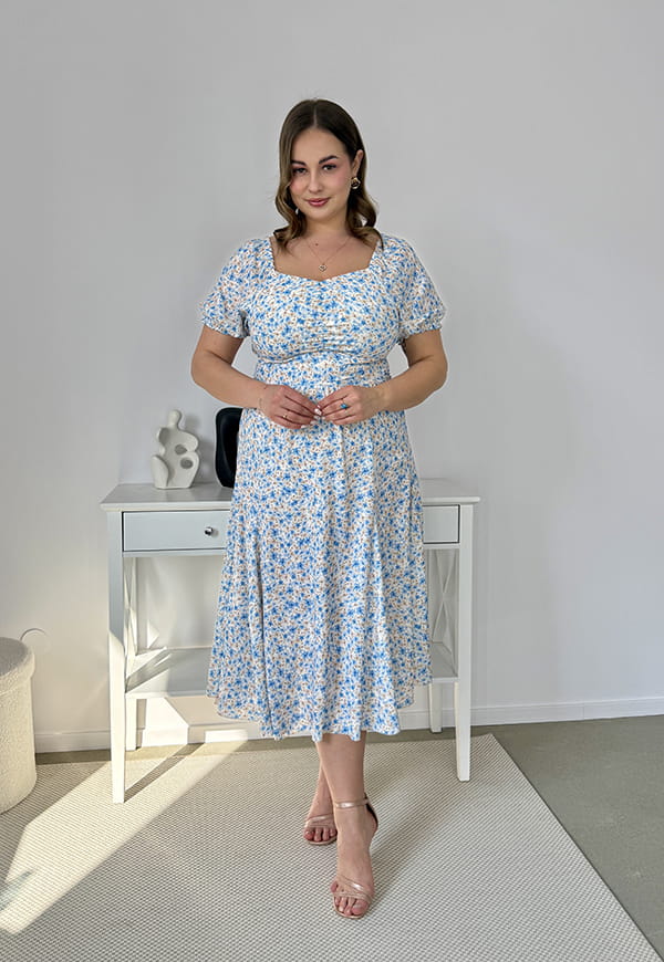 DAISY ROZKLOSZOWANA SUKIENKA MIDI HISZPANKA W KWIATY. DROBNE KWIATY BŁĘKITNE 07 image 6