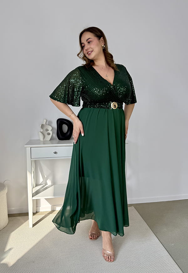 GRACY MAXI SUKIENKA DŁUGA PLUS SIZE Z SZYFONOWYM DOŁEM I CEKINAMI. BUTELKOWA ZIELEŃ 01 image 3