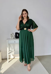 GRACY MAXI SUKIENKA DŁUGA PLUS SIZE Z SZYFONOWYM DOŁEM I CEKINAMI. BUTELKOWA ZIELEŃ 01 image 4
