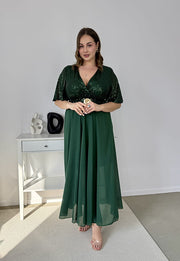 GRACY MAXI SUKIENKA DŁUGA PLUS SIZE Z SZYFONOWYM DOŁEM I CEKINAMI. BUTELKOWA ZIELEŃ 01 image 5