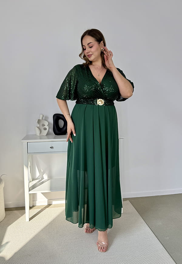 GRACY MAXI SUKIENKA DŁUGA PLUS SIZE Z SZYFONOWYM DOŁEM I CEKINAMI. BUTELKOWA ZIELEŃ 01 image 6