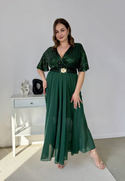 GRACY MAXI SUKIENKA DŁUGA PLUS SIZE Z SZYFONOWYM DOŁEM I CEKINAMI. BUTELKOWA ZIELEŃ 01 image 8