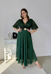 GRACY MAXI SUKIENKA DŁUGA PLUS SIZE Z SZYFONOWYM DOŁEM I CEKINAMI. BUTELKOWA ZIELEŃ 01