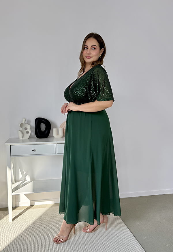 GRACY MAXI SUKIENKA DŁUGA PLUS SIZE Z SZYFONOWYM DOŁEM I CEKINAMI. BUTELKOWA ZIELEŃ 01 image 9