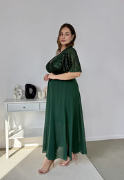 GRACY MAXI SUKIENKA DŁUGA PLUS SIZE Z SZYFONOWYM DOŁEM I CEKINAMI. BUTELKOWA ZIELEŃ 01 image 9