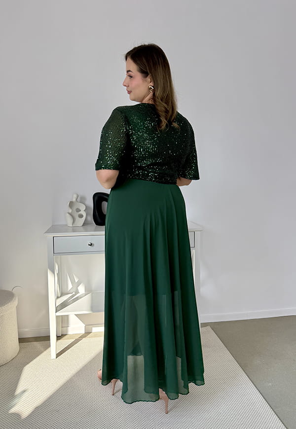 GRACY MAXI SUKIENKA DŁUGA PLUS SIZE Z SZYFONOWYM DOŁEM I CEKINAMI. BUTELKOWA ZIELEŃ 01 image 10