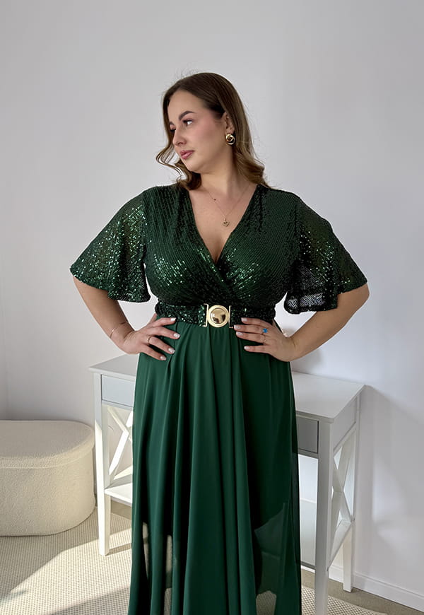 GRACY MAXI SUKIENKA DŁUGA PLUS SIZE Z SZYFONOWYM DOŁEM I CEKINAMI. BUTELKOWA ZIELEŃ 01 image 2