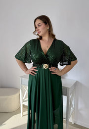 GRACY MAXI SUKIENKA DŁUGA PLUS SIZE Z SZYFONOWYM DOŁEM I CEKINAMI. BUTELKOWA ZIELEŃ 01 image 2