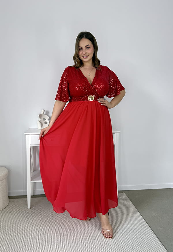 GRACY MAXI SUKIENKA DŁUGA PLUS SIZE Z SZYFONOWYM DOŁEM I CEKINAMI. CZERWONA 07