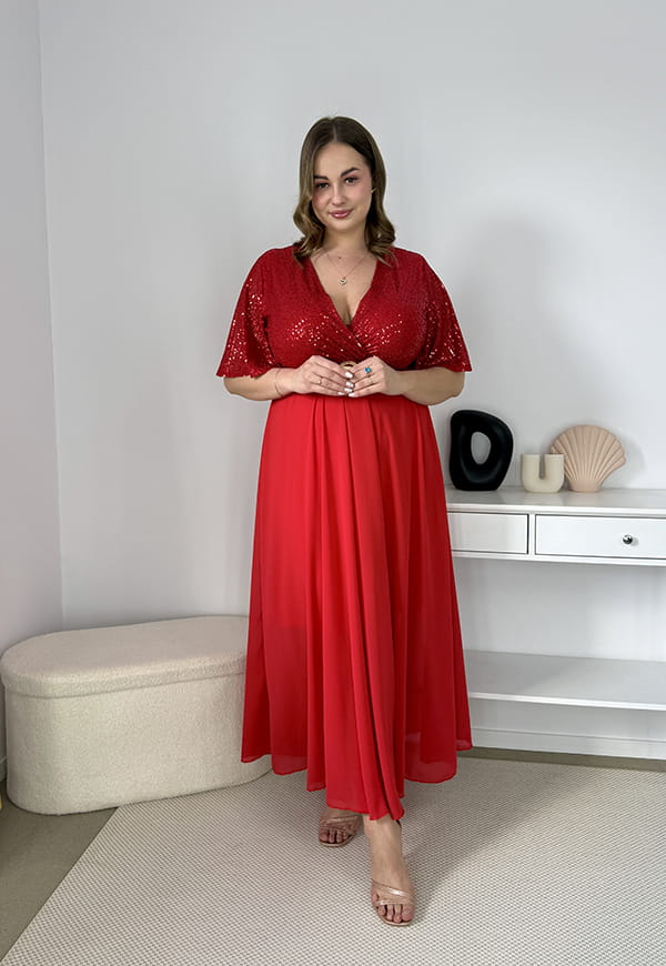 GRACY MAXI SUKIENKA DŁUGA PLUS SIZE Z SZYFONOWYM DOŁEM I CEKINAMI. CZERWONA 07 image 2