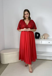 GRACY MAXI SUKIENKA DŁUGA PLUS SIZE Z SZYFONOWYM DOŁEM I CEKINAMI. CZERWONA 07 image 2