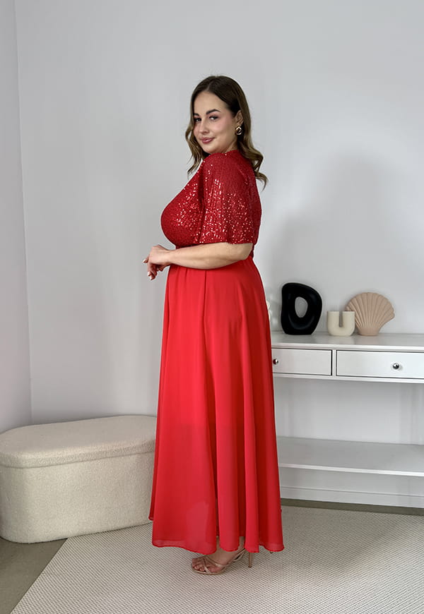 GRACY MAXI SUKIENKA DŁUGA PLUS SIZE Z SZYFONOWYM DOŁEM I CEKINAMI. CZERWONA 07 image 6
