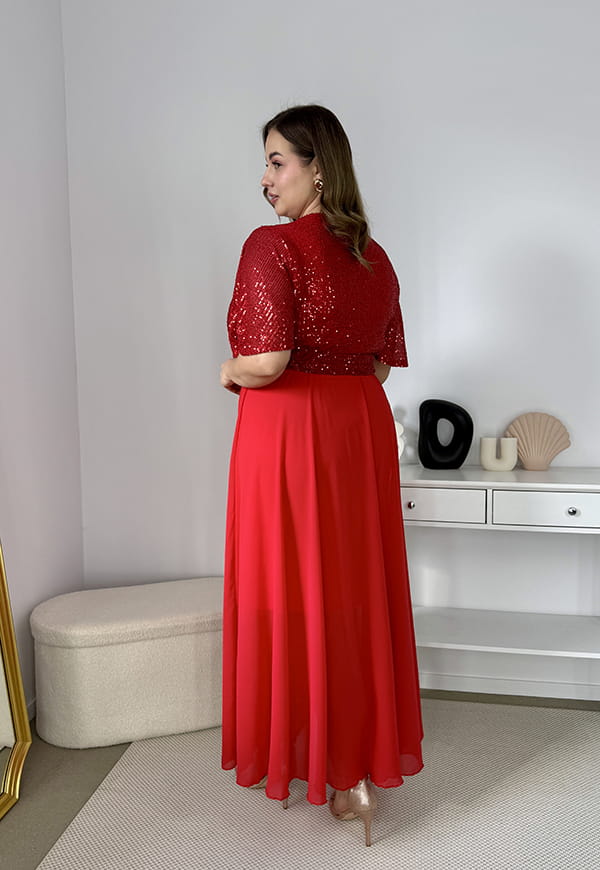 GRACY MAXI SUKIENKA DŁUGA PLUS SIZE Z SZYFONOWYM DOŁEM I CEKINAMI. CZERWONA 07 image 7