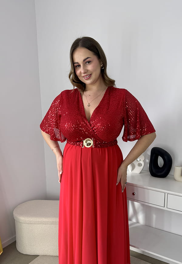 GRACY MAXI SUKIENKA DŁUGA PLUS SIZE Z SZYFONOWYM DOŁEM I CEKINAMI. CZERWONA 07 image 8