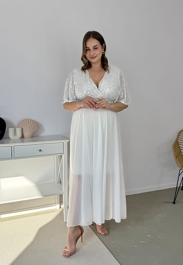 GRACY MAXI SUKIENKA DŁUGA PLUS SIZE Z SZYFONOWYM DOŁEM I CEKINAMI. BIAŁA 02 image 10