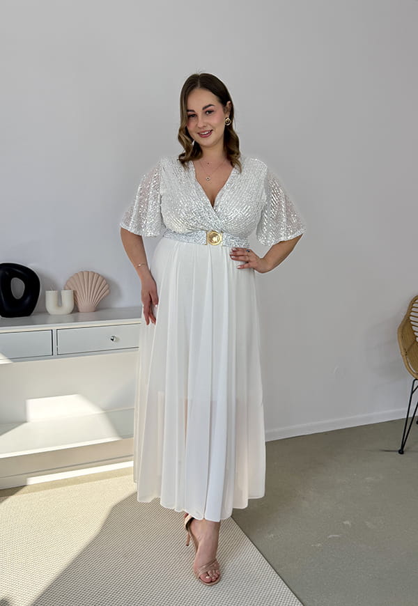 GRACY MAXI SUKIENKA DŁUGA PLUS SIZE Z SZYFONOWYM DOŁEM I CEKINAMI. BIAŁA 02 image 3