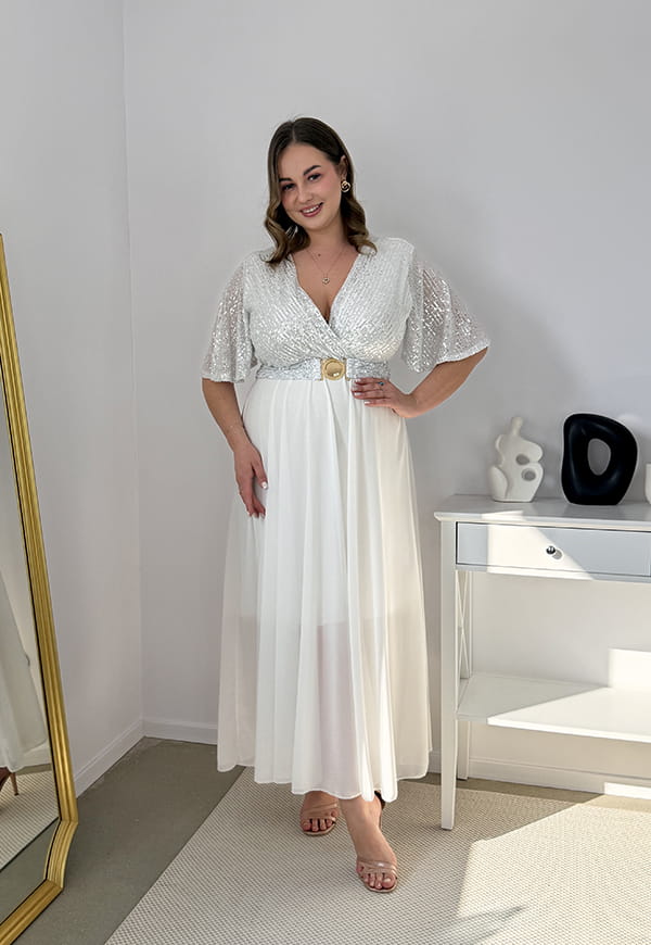 GRACY MAXI SUKIENKA DŁUGA PLUS SIZE Z SZYFONOWYM DOŁEM I CEKINAMI. BIAŁA 02