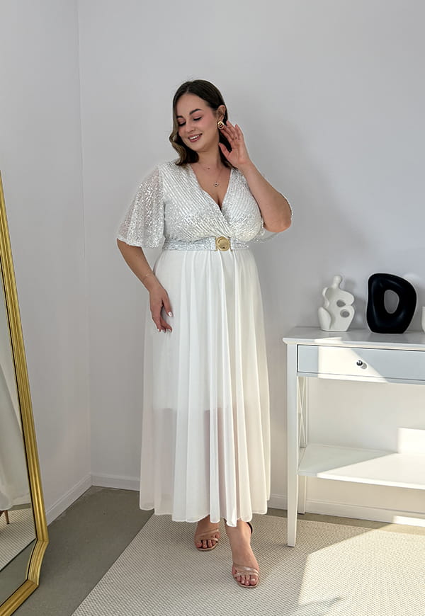GRACY MAXI SUKIENKA DŁUGA PLUS SIZE Z SZYFONOWYM DOŁEM I CEKINAMI. BIAŁA 02 image 5