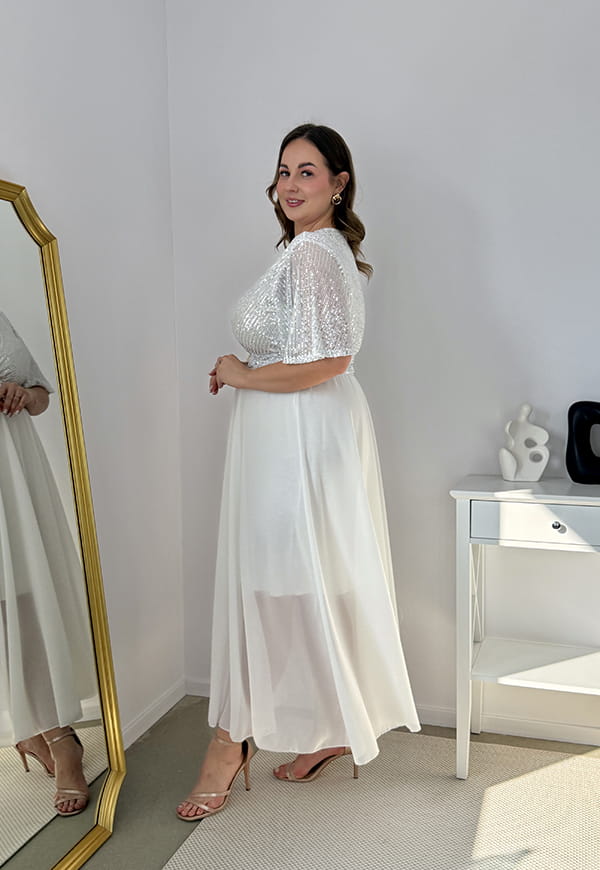 GRACY MAXI SUKIENKA DŁUGA PLUS SIZE Z SZYFONOWYM DOŁEM I CEKINAMI. BIAŁA 02 image 6