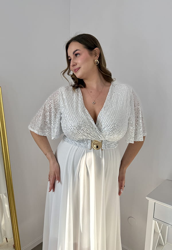 GRACY MAXI SUKIENKA DŁUGA PLUS SIZE Z SZYFONOWYM DOŁEM I CEKINAMI. BIAŁA 02 image 2