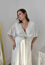 GRACY MAXI SUKIENKA DŁUGA PLUS SIZE Z SZYFONOWYM DOŁEM I CEKINAMI. BIAŁA 02 image 2