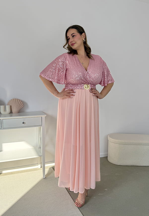 GRACY MAXI SUKIENKA DŁUGA PLUS SIZE Z SZYFONOWYM DOŁEM I CEKINAMI. RÓŻOWA 04 image 2