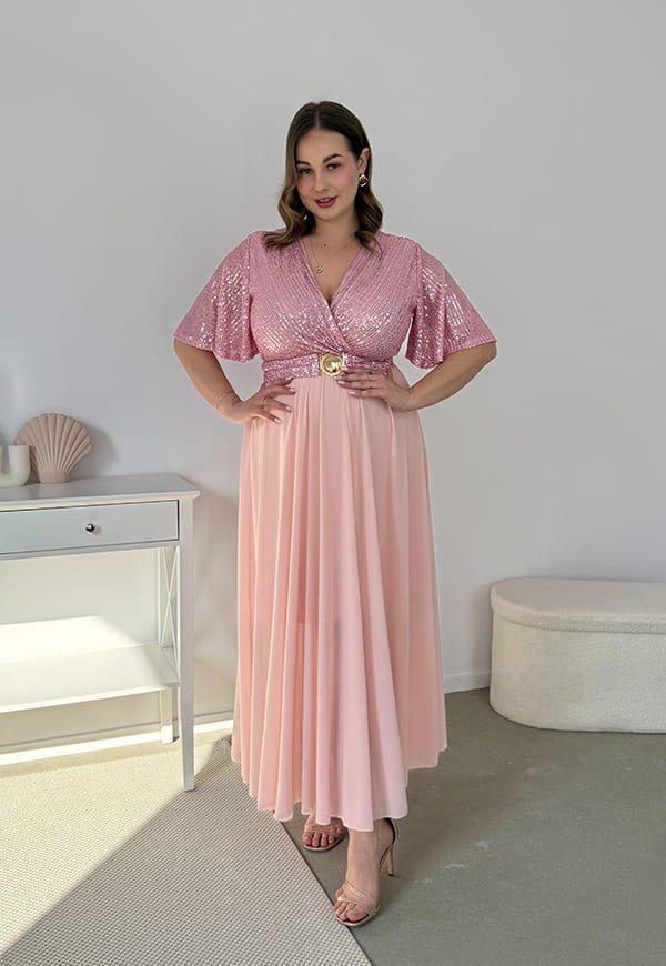 GRACY MAXI SUKIENKA DŁUGA PLUS SIZE Z SZYFONOWYM DOŁEM I CEKINAMI. RÓŻOWA 04