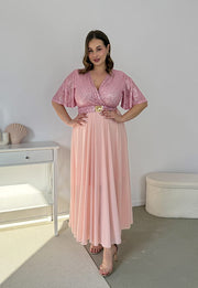 GRACY MAXI SUKIENKA DŁUGA PLUS SIZE Z SZYFONOWYM DOŁEM I CEKINAMI. RÓŻOWA 04