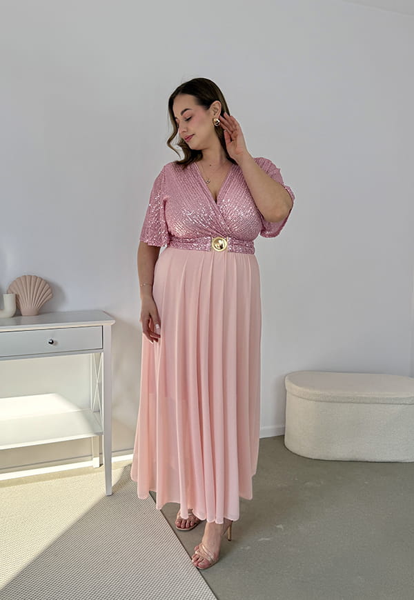 GRACY MAXI SUKIENKA DŁUGA PLUS SIZE Z SZYFONOWYM DOŁEM I CEKINAMI. RÓŻOWA 04 image 4