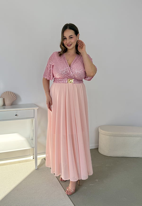 GRACY MAXI SUKIENKA DŁUGA PLUS SIZE Z SZYFONOWYM DOŁEM I CEKINAMI. RÓŻOWA 04 image 5