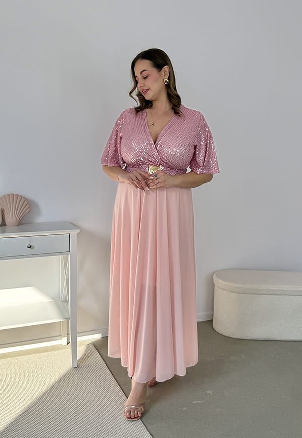 GRACY MAXI SUKIENKA DŁUGA PLUS SIZE Z SZYFONOWYM DOŁEM I CEKINAMI. RÓŻOWA 04 image 7