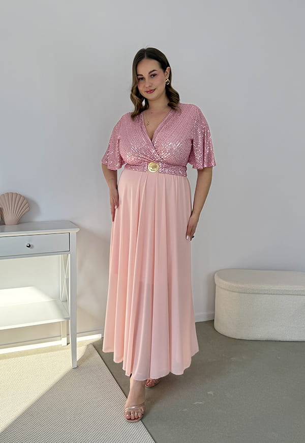 GRACY MAXI SUKIENKA DŁUGA PLUS SIZE Z SZYFONOWYM DOŁEM I CEKINAMI. RÓŻOWA 04 image 8