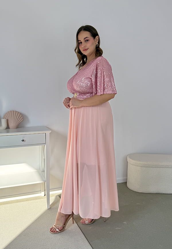 GRACY MAXI SUKIENKA DŁUGA PLUS SIZE Z SZYFONOWYM DOŁEM I CEKINAMI. RÓŻOWA 04 image 9