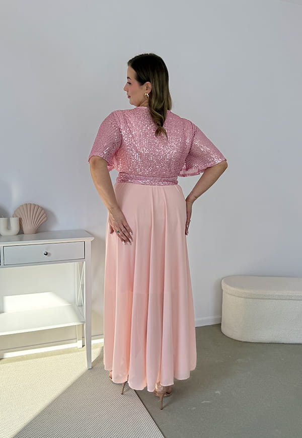 GRACY MAXI SUKIENKA DŁUGA PLUS SIZE Z SZYFONOWYM DOŁEM I CEKINAMI. RÓŻOWA 04 image 10