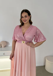 GRACY MAXI SUKIENKA DŁUGA PLUS SIZE Z SZYFONOWYM DOŁEM I CEKINAMI. RÓŻOWA 04 image 3