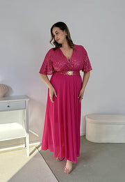 GRACY MAXI SUKIENKA DŁUGA PLUS SIZE Z SZYFONOWYM DOŁEM I CEKINAMI. FUKSJA 05