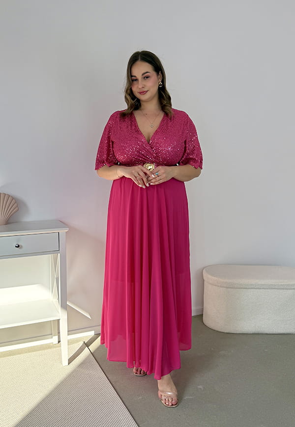 GRACY MAXI SUKIENKA DŁUGA PLUS SIZE Z SZYFONOWYM DOŁEM I CEKINAMI. FUKSJA 05 image 4