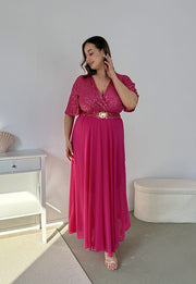 GRACY MAXI SUKIENKA DŁUGA PLUS SIZE Z SZYFONOWYM DOŁEM I CEKINAMI. FUKSJA 05 image 5