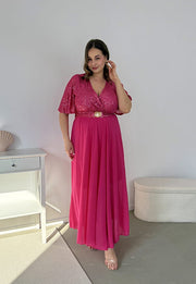 GRACY MAXI SUKIENKA DŁUGA PLUS SIZE Z SZYFONOWYM DOŁEM I CEKINAMI. FUKSJA 05 image 3