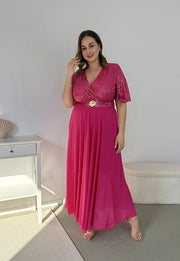 GRACY MAXI SUKIENKA DŁUGA PLUS SIZE Z SZYFONOWYM DOŁEM I CEKINAMI. FUKSJA 05 image 6