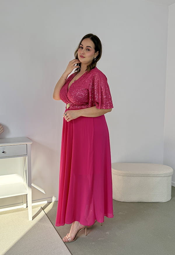 GRACY MAXI SUKIENKA DŁUGA PLUS SIZE Z SZYFONOWYM DOŁEM I CEKINAMI. FUKSJA 05 image 7