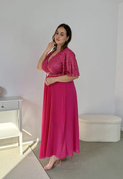 GRACY MAXI SUKIENKA DŁUGA PLUS SIZE Z SZYFONOWYM DOŁEM I CEKINAMI. FUKSJA 05 image 7